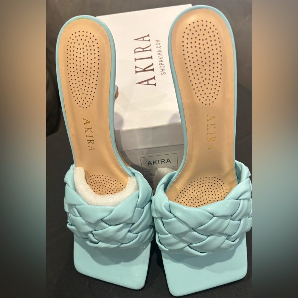 AKIRA Light Blue Braided Heels